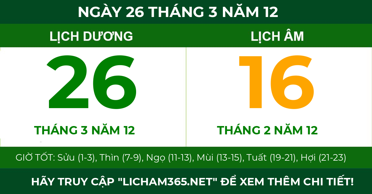 lịch âm ngày 26 tháng 3 năm 12