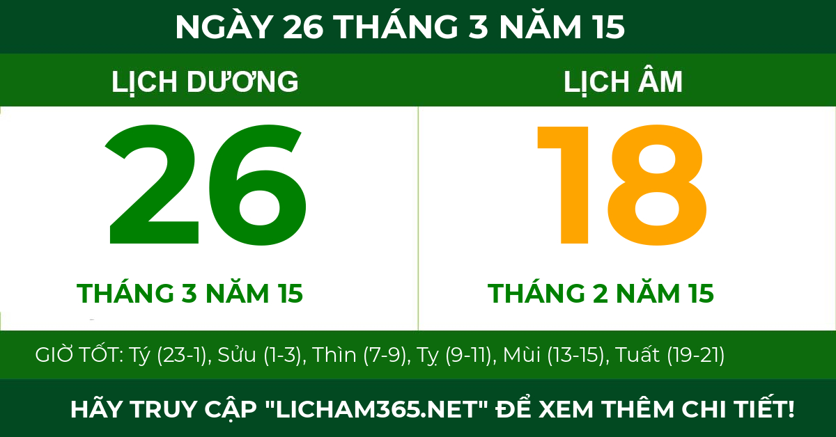 lịch âm ngày 26 tháng 3 năm 15