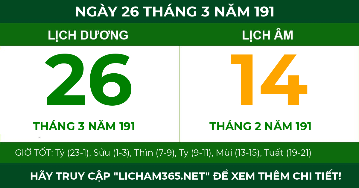 lịch âm ngày 26 tháng 3 năm 191