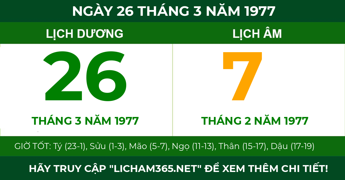 lịch âm ngày 26 tháng 3 năm 1977