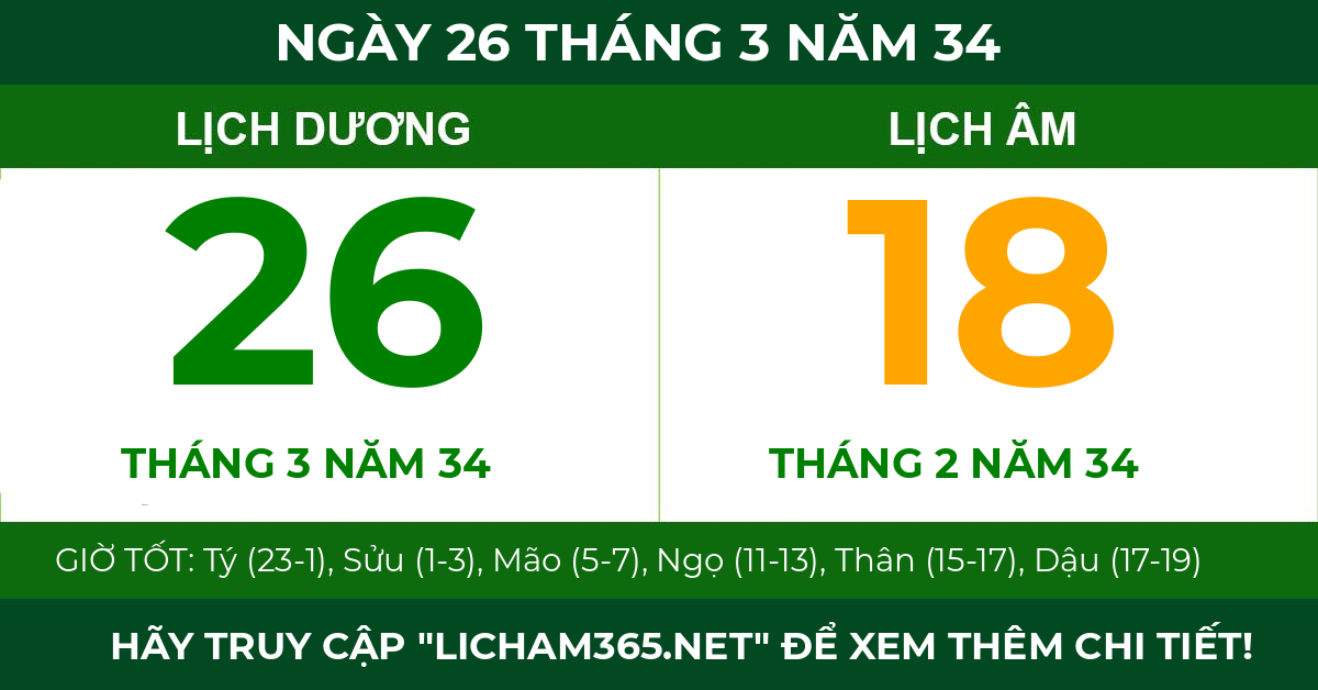 lịch âm ngày 26 tháng 3 năm 34