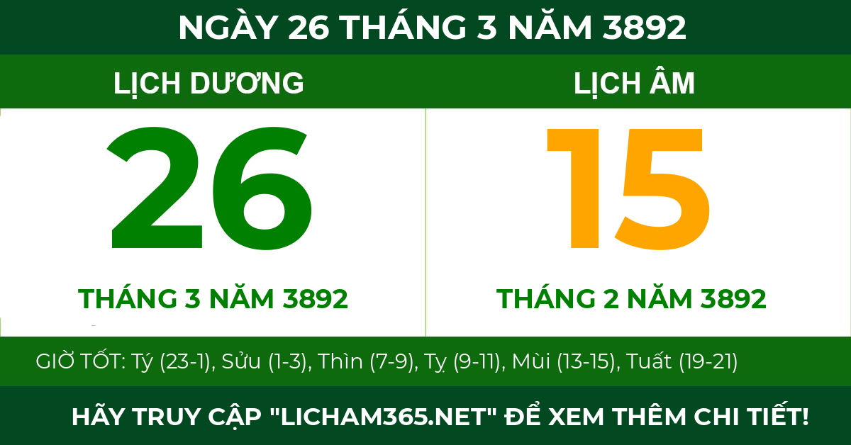 lịch âm ngày 26 tháng 3 năm 3892