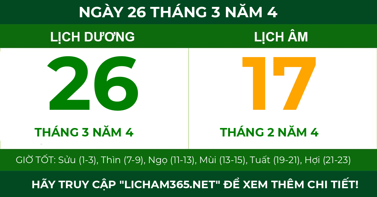 lịch âm ngày 26 tháng 3 năm 4