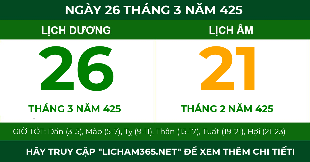 lịch âm ngày 26 tháng 3 năm 425