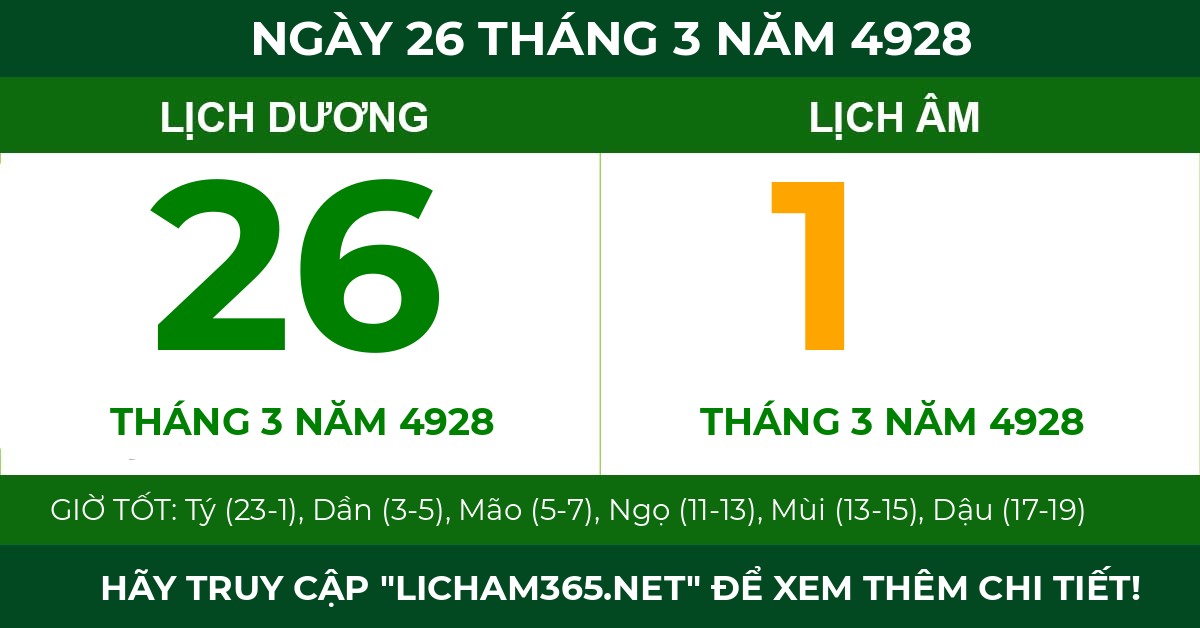 lịch âm ngày 26 tháng 3 năm 4928