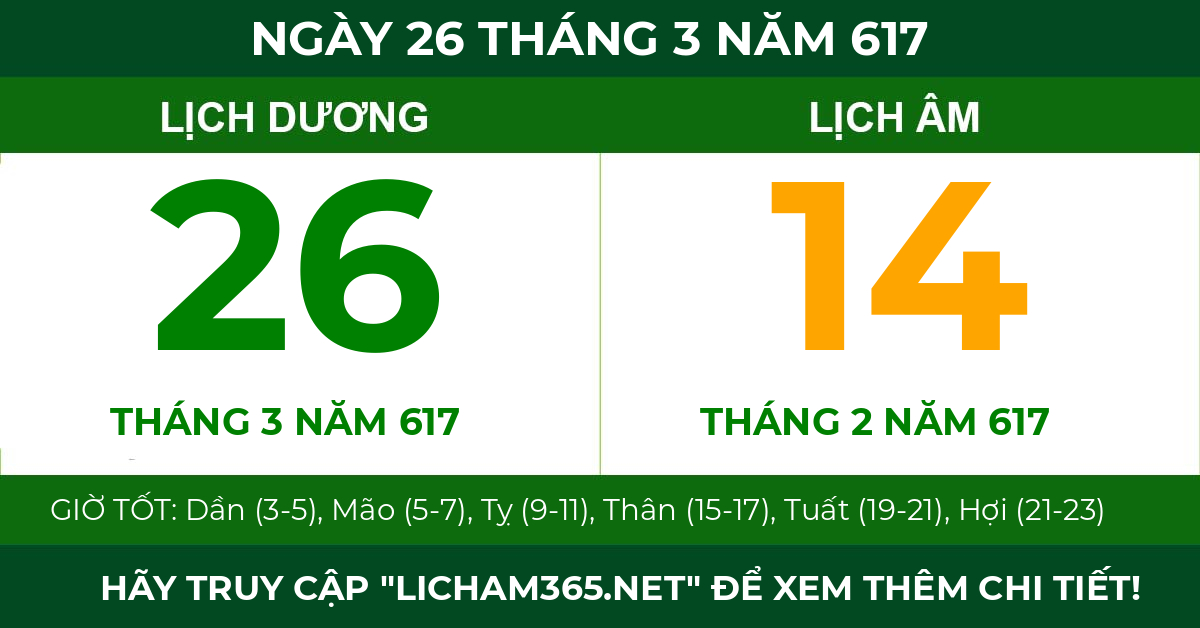 lịch âm ngày 26 tháng 3 năm 617