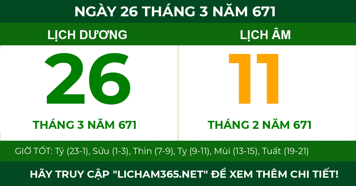lịch âm ngày 26 tháng 3 năm 671