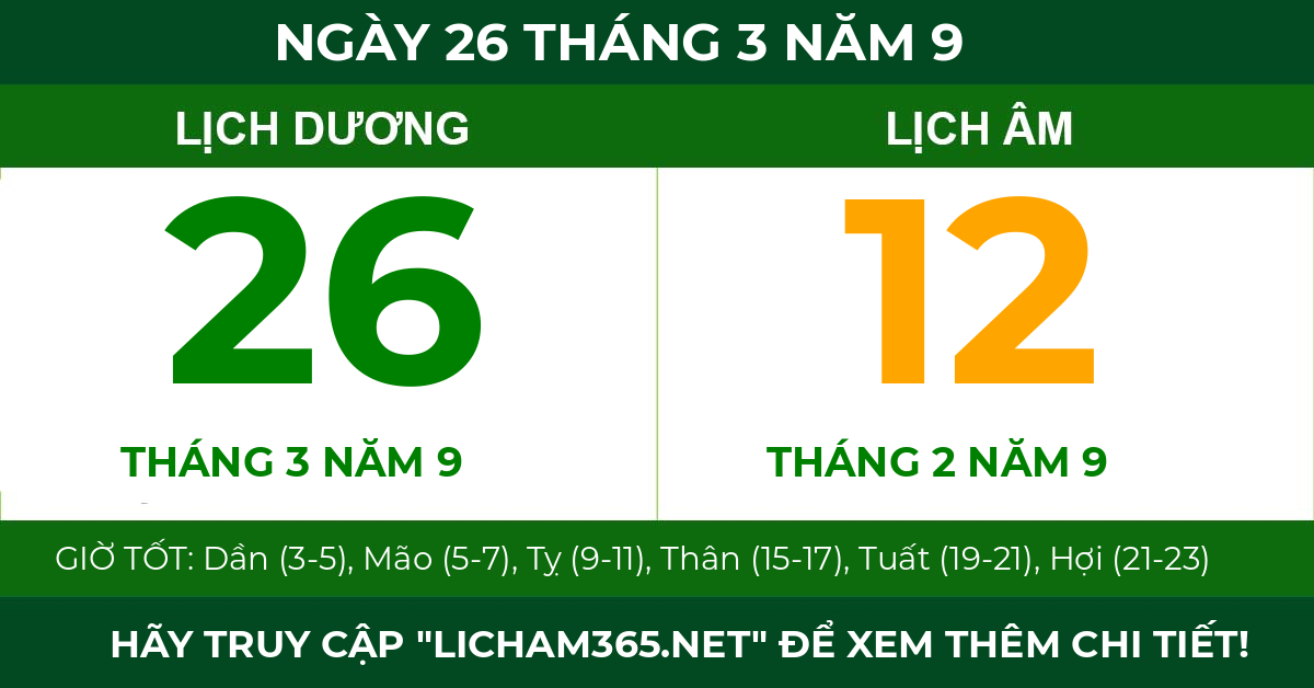 lịch âm ngày 26 tháng 3 năm 9