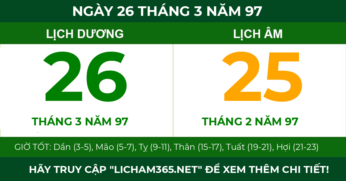 lịch âm ngày 26 tháng 3 năm 97