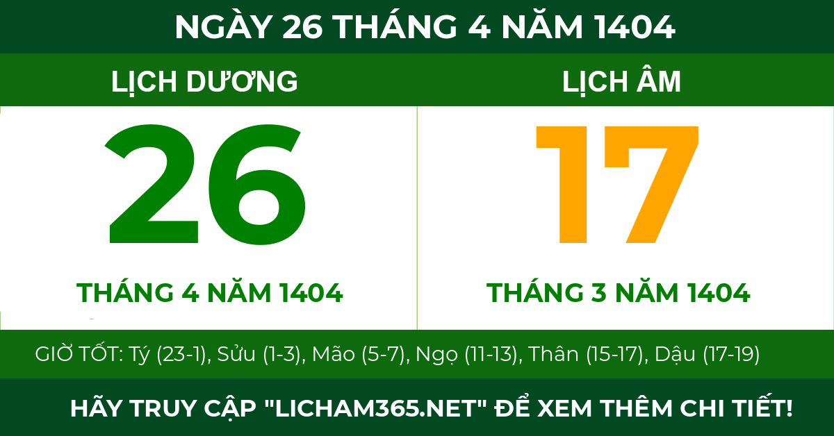lịch âm ngày 26 tháng 4 năm 1404