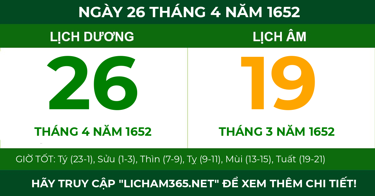 lịch âm ngày 26 tháng 4 năm 1652