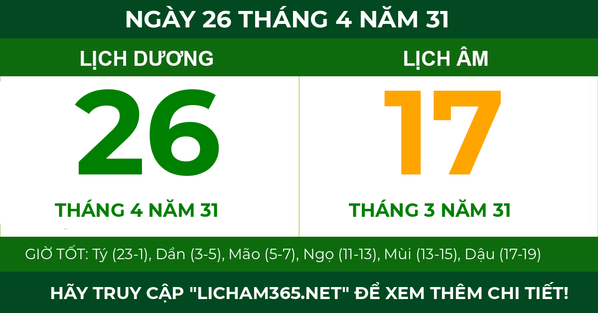 lịch âm ngày 26 tháng 4 năm 31