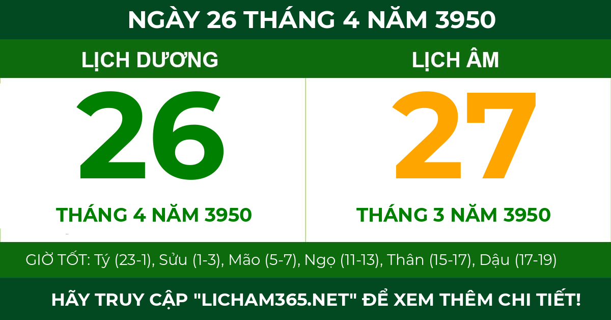 lịch âm ngày 26 tháng 4 năm 3950