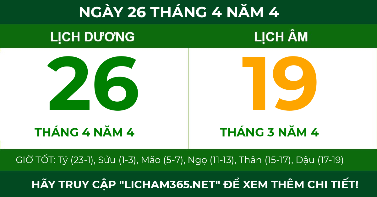 lịch âm ngày 26 tháng 4 năm 4