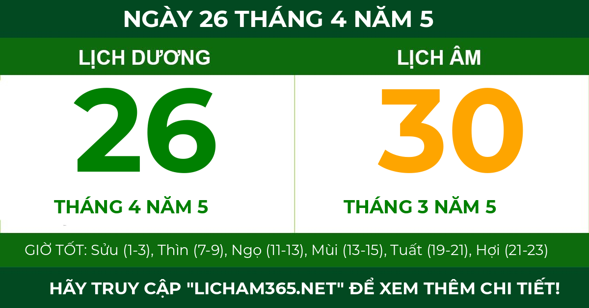 lịch âm ngày 26 tháng 4 năm 5