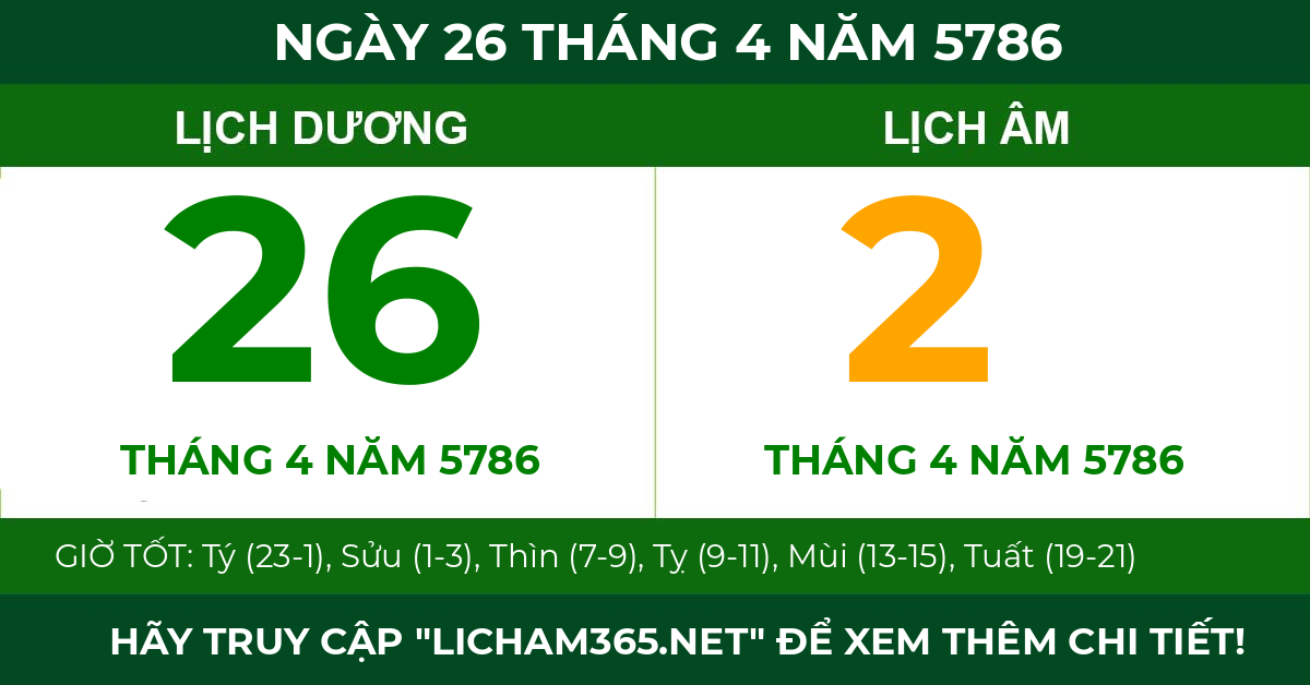 lịch âm ngày 26 tháng 4 năm 5786
