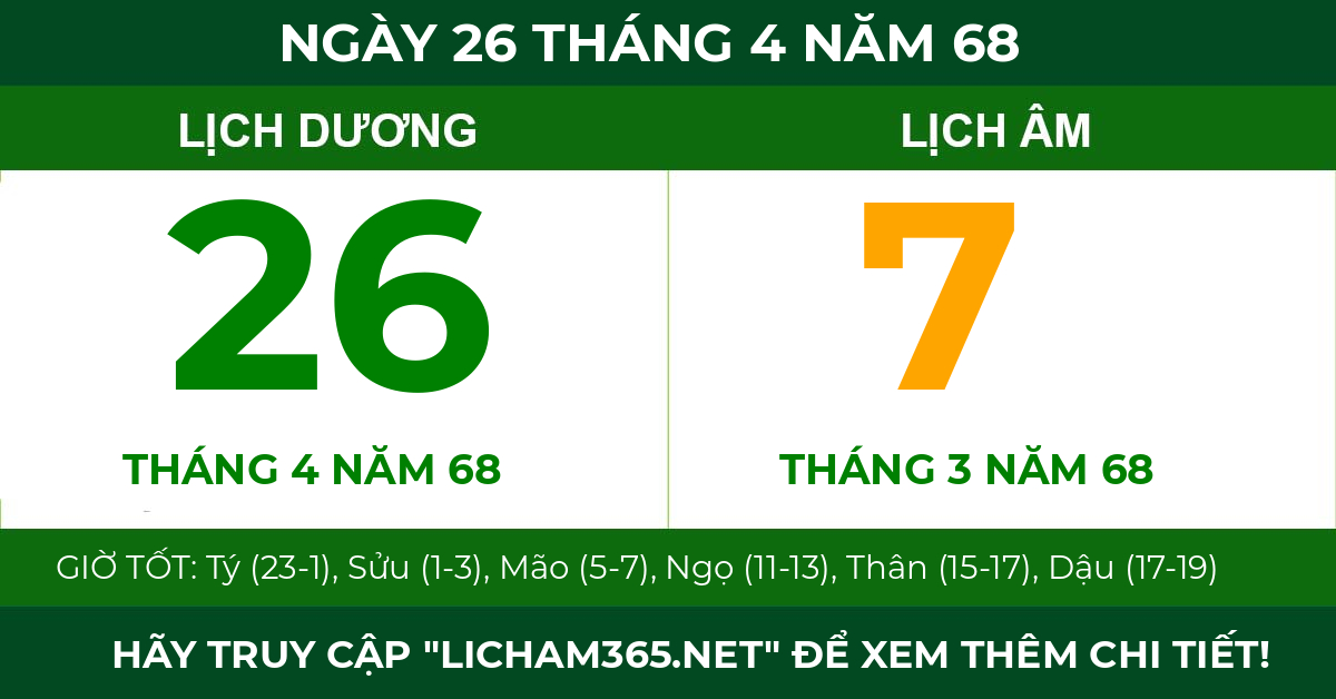 lịch âm ngày 26 tháng 4 năm 68