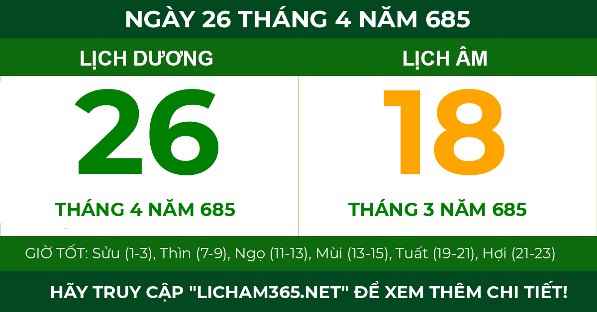 lịch âm ngày 26 tháng 4 năm 685
