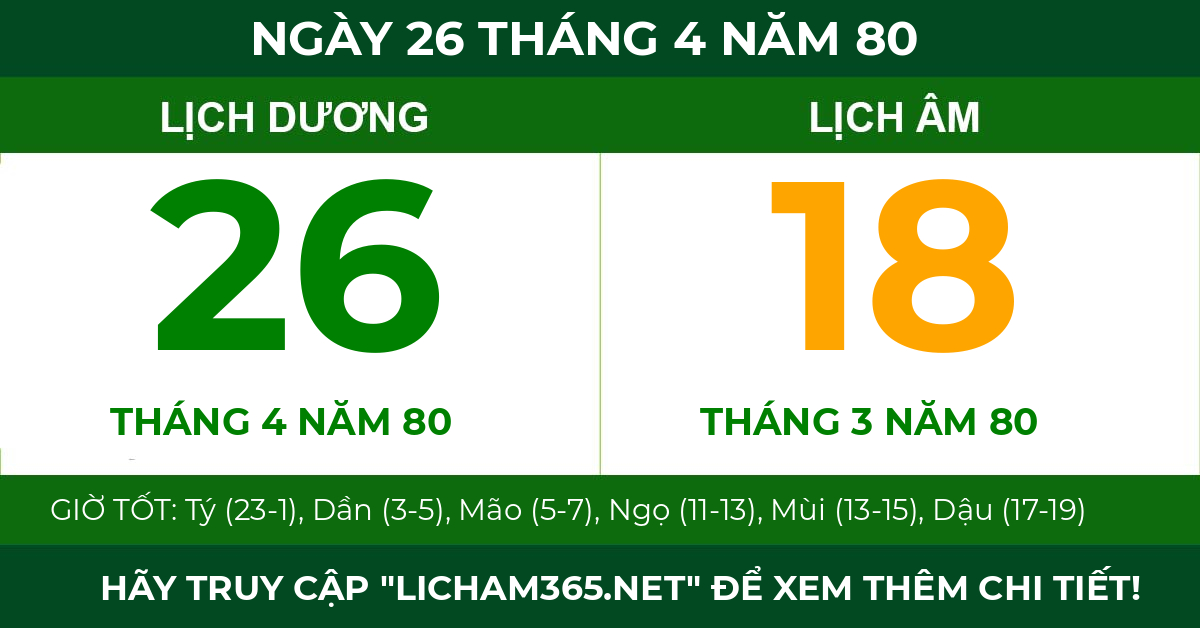 lịch âm ngày 26 tháng 4 năm 80