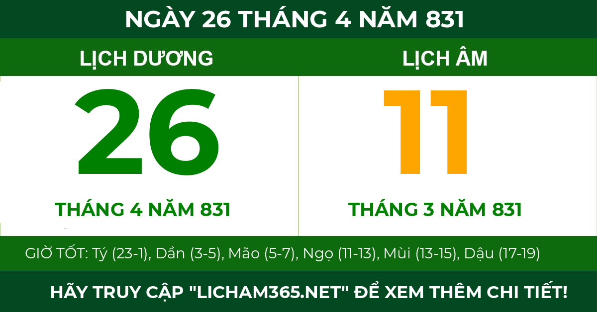 lịch âm ngày 26 tháng 4 năm 831