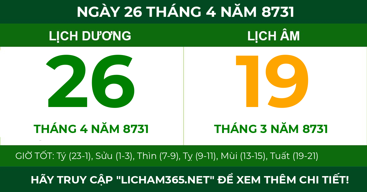 lịch âm ngày 26 tháng 4 năm 8731