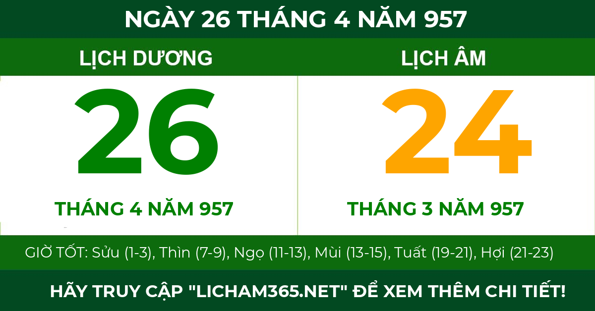 lịch âm ngày 26 tháng 4 năm 957