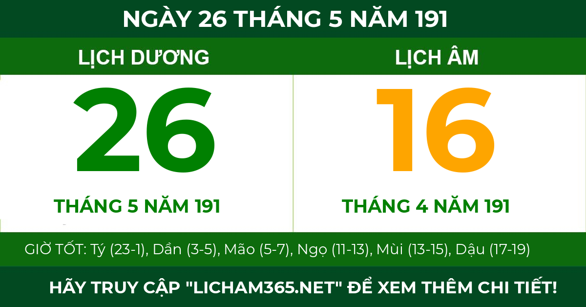 lịch âm ngày 26 tháng 5 năm 191