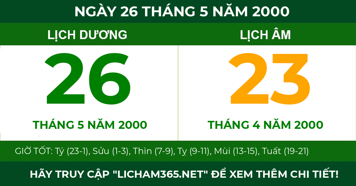lịch âm ngày 26 tháng 5 năm 2000