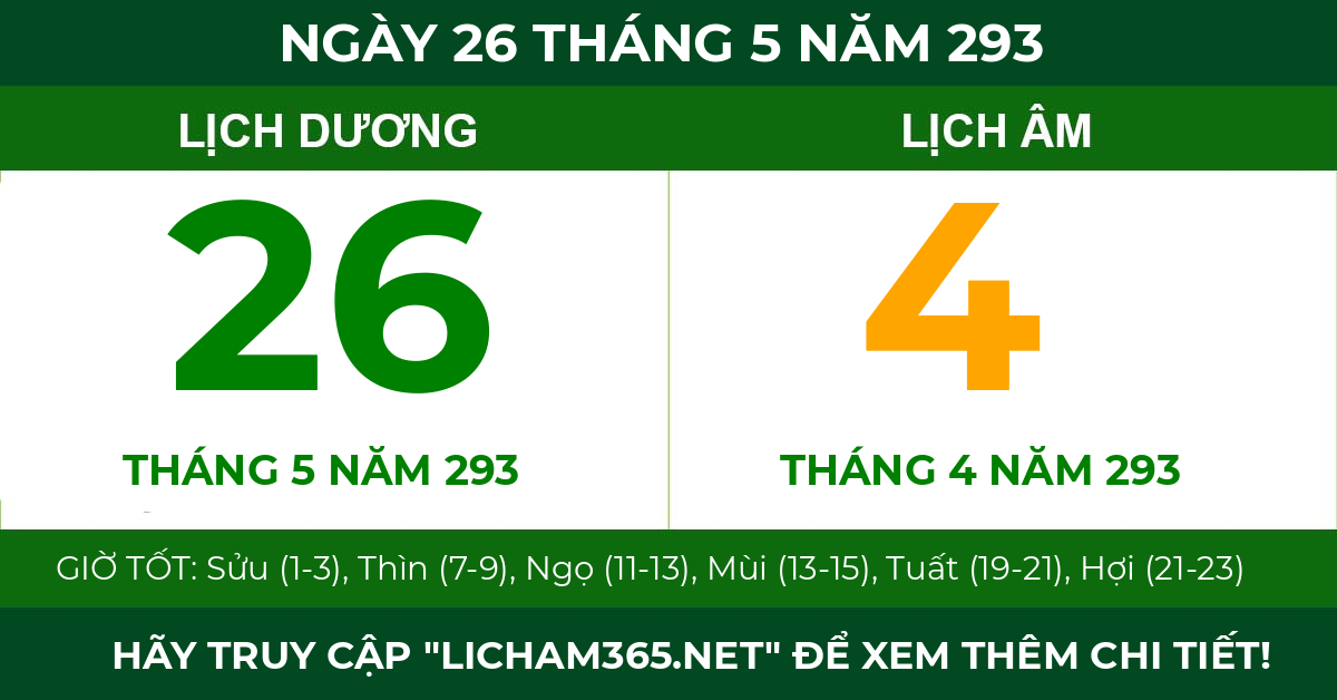 lịch âm ngày 26 tháng 5 năm 293
