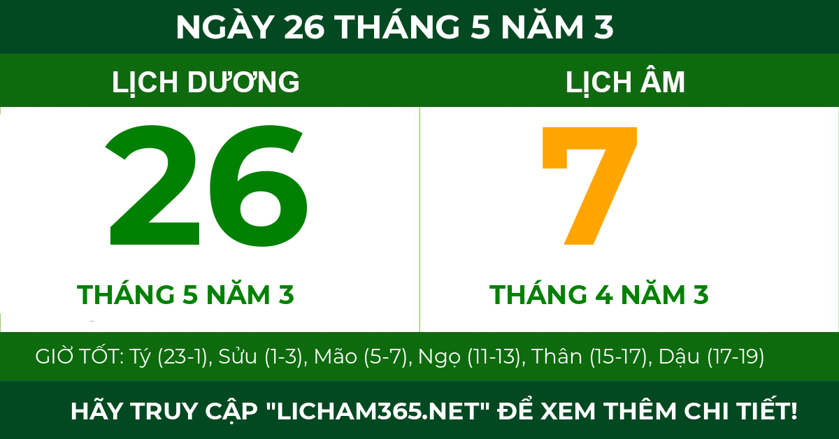 lịch âm ngày 26 tháng 5 năm 3