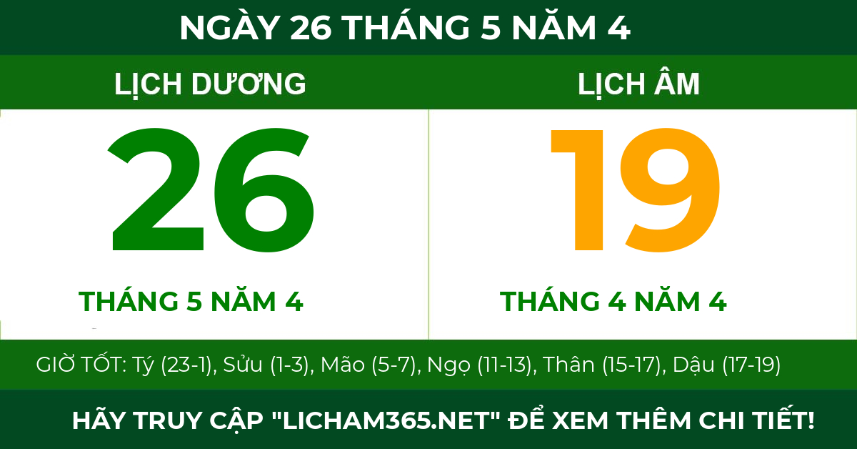 lịch âm ngày 26 tháng 5 năm 4