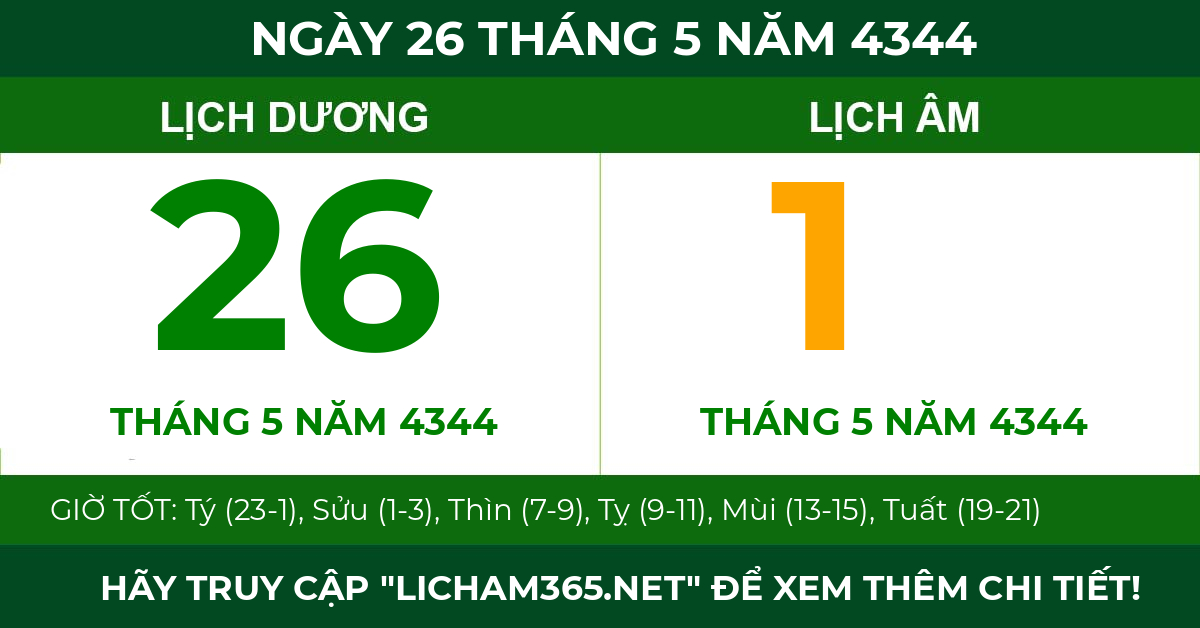 lịch âm ngày 26 tháng 5 năm 4344
