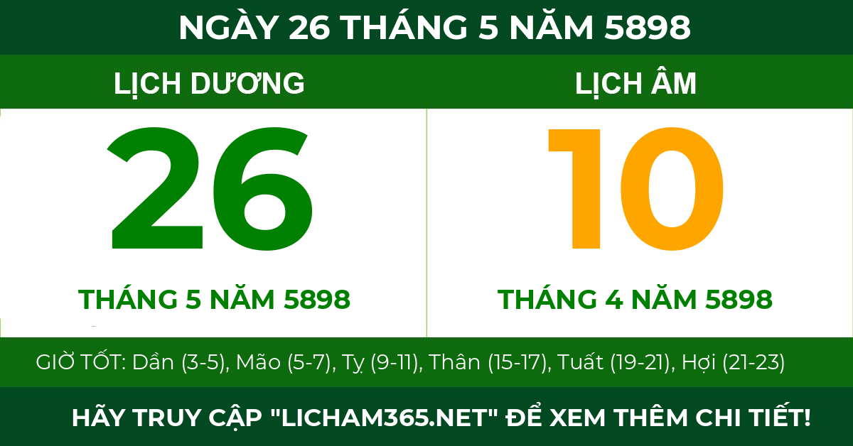 lịch âm ngày 26 tháng 5 năm 5898