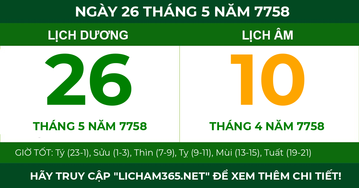 lịch âm ngày 26 tháng 5 năm 7758