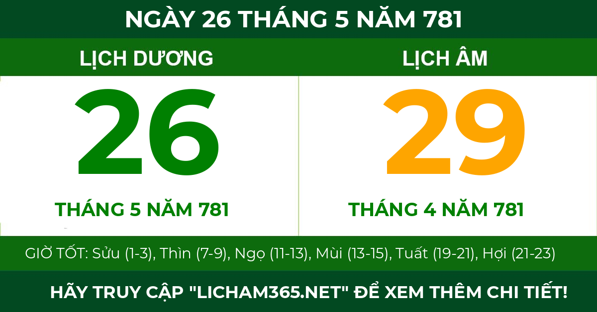 lịch âm ngày 26 tháng 5 năm 781