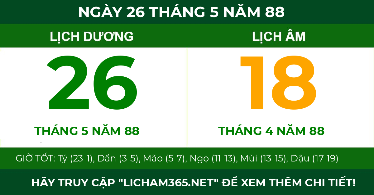 lịch âm ngày 26 tháng 5 năm 88