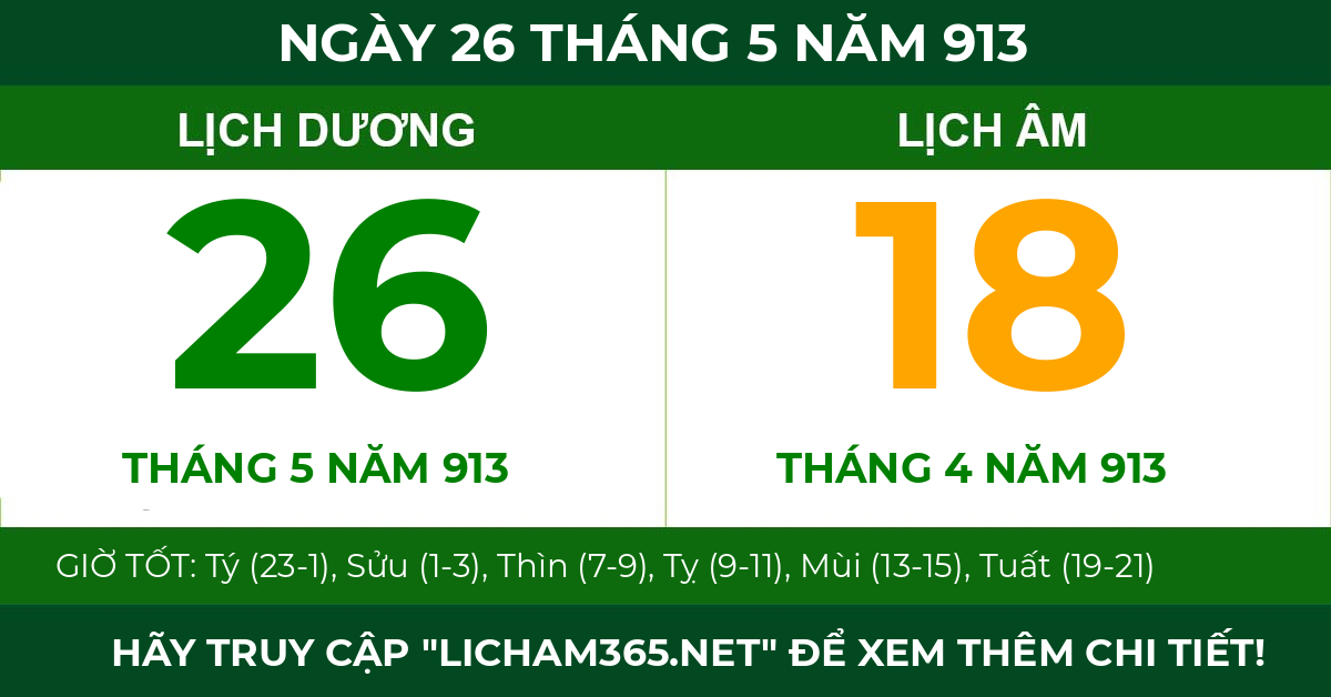 lịch âm ngày 26 tháng 5 năm 913