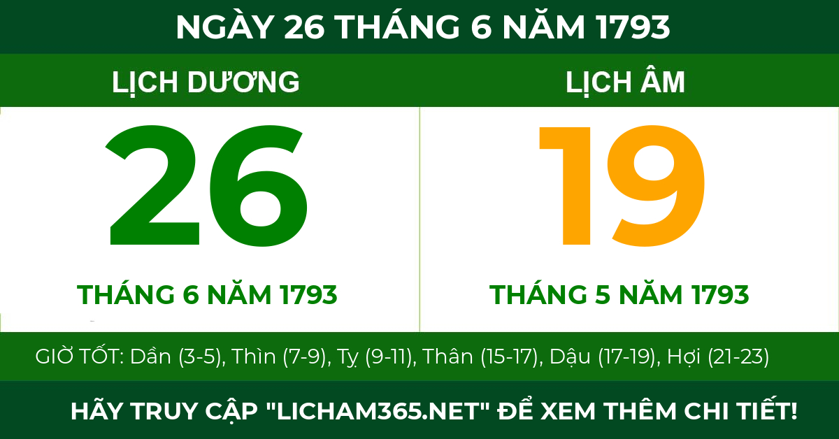 lịch âm ngày 26 tháng 6 năm 1793