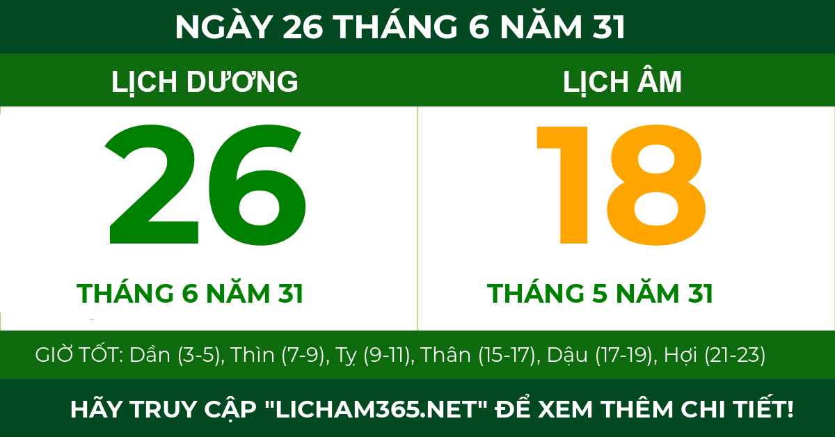 lịch âm ngày 26 tháng 6 năm 31