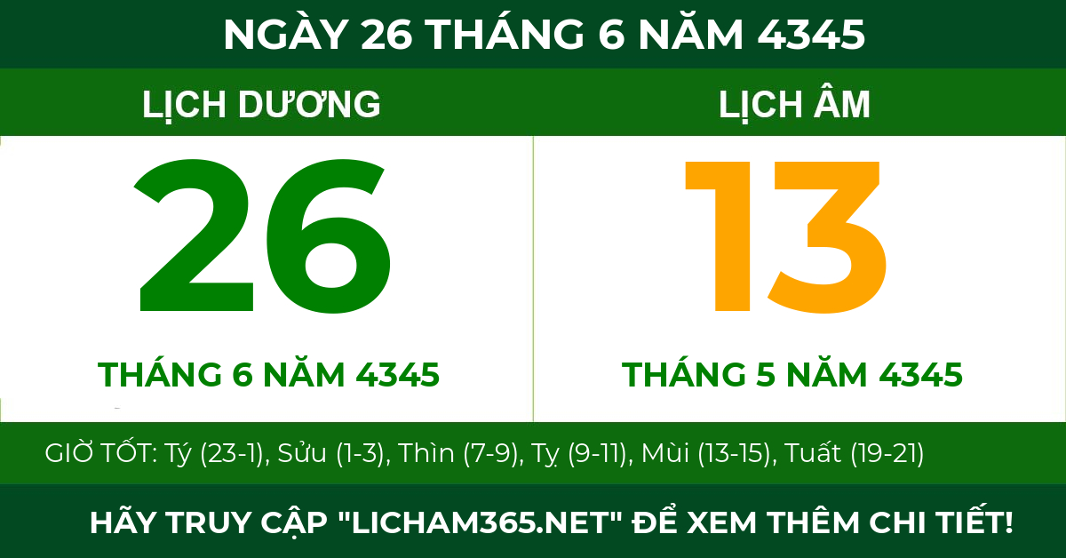 lịch âm ngày 26 tháng 6 năm 4345