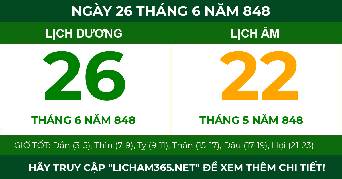 lịch âm ngày 26 tháng 6 năm 848