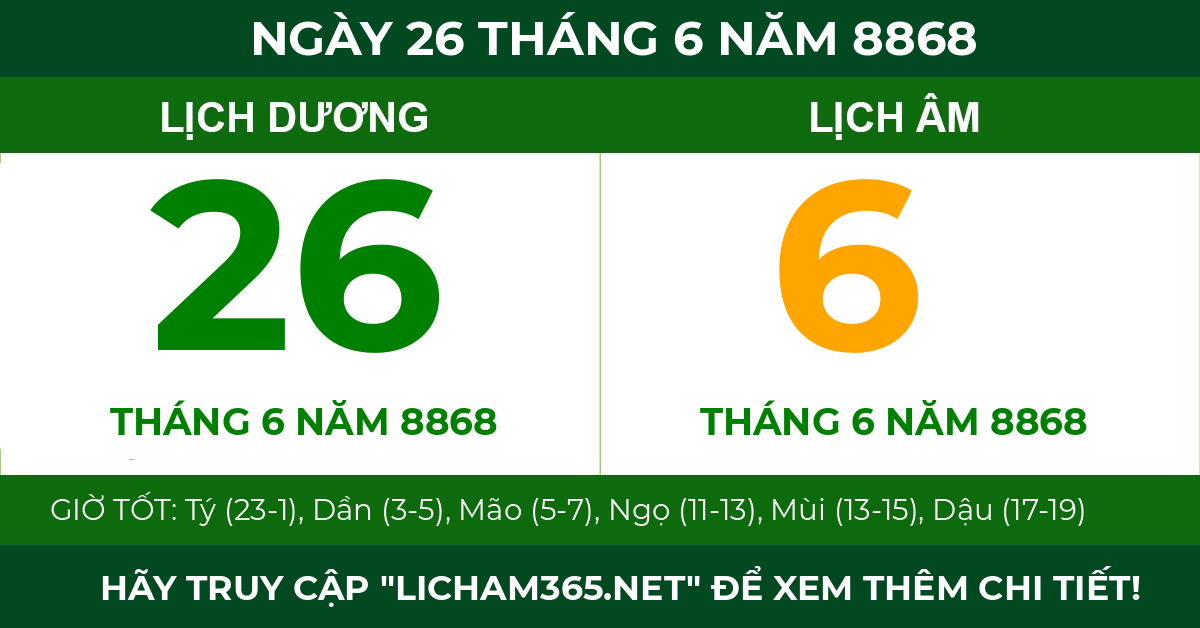 lịch âm ngày 26 tháng 6 năm 8868