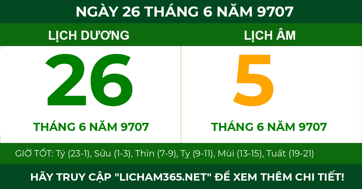 lịch âm ngày 26 tháng 6 năm 9707