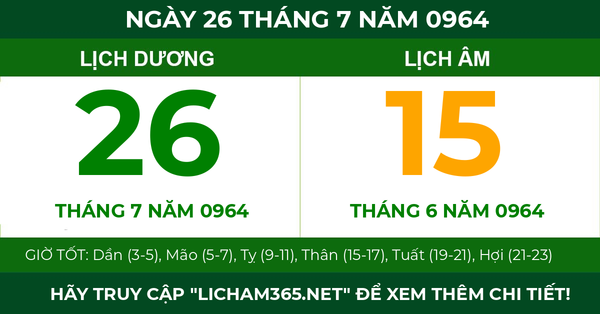 lịch âm ngày 26 tháng 7 năm 0964