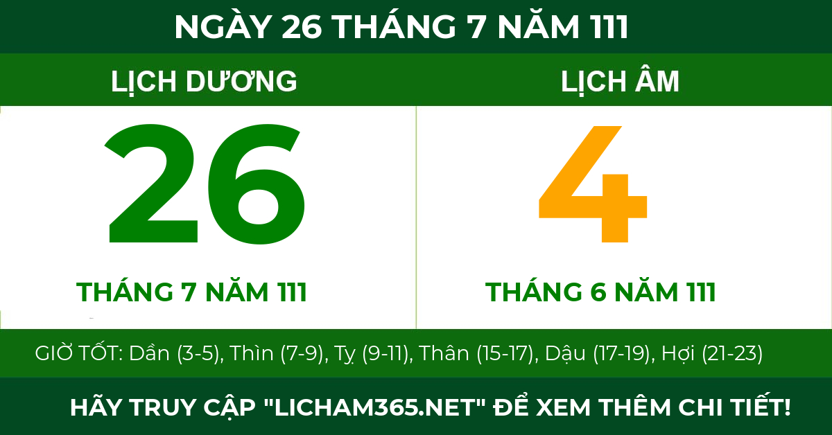 lịch âm ngày 26 tháng 7 năm 111