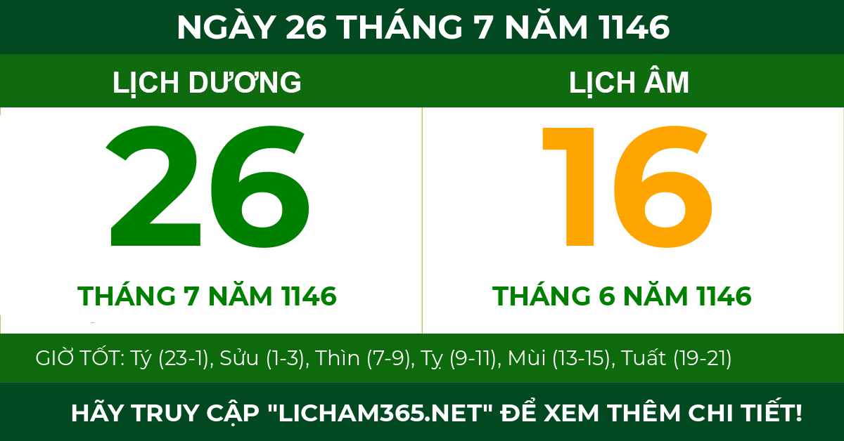 lịch âm ngày 26 tháng 7 năm 1146