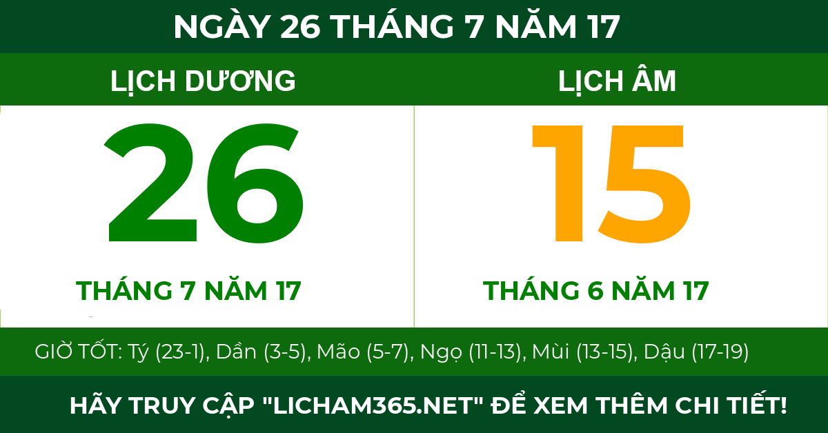 lịch âm ngày 26 tháng 7 năm 17