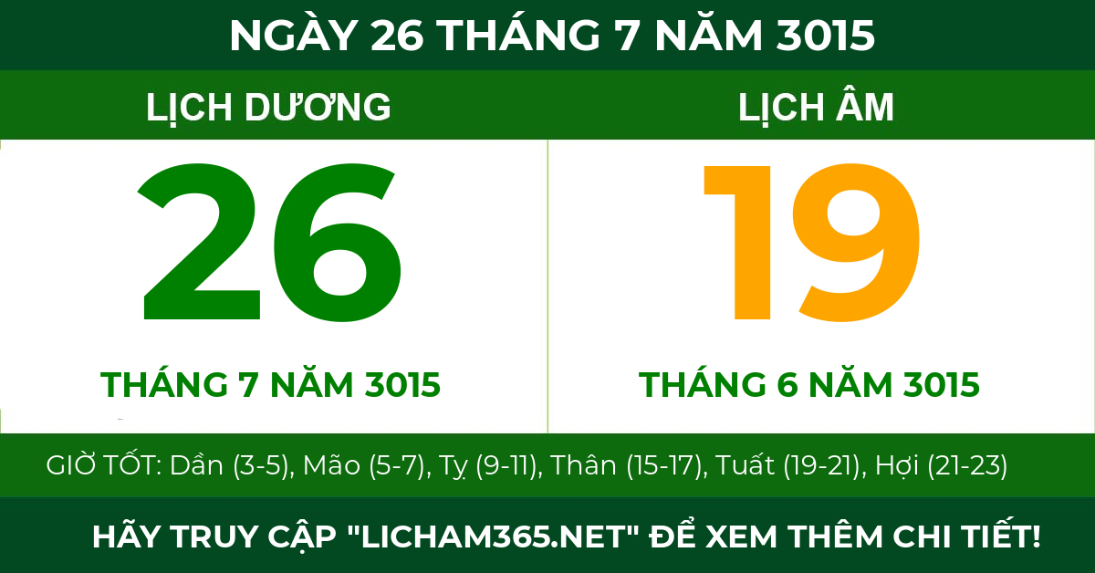 lịch âm ngày 26 tháng 7 năm 3015