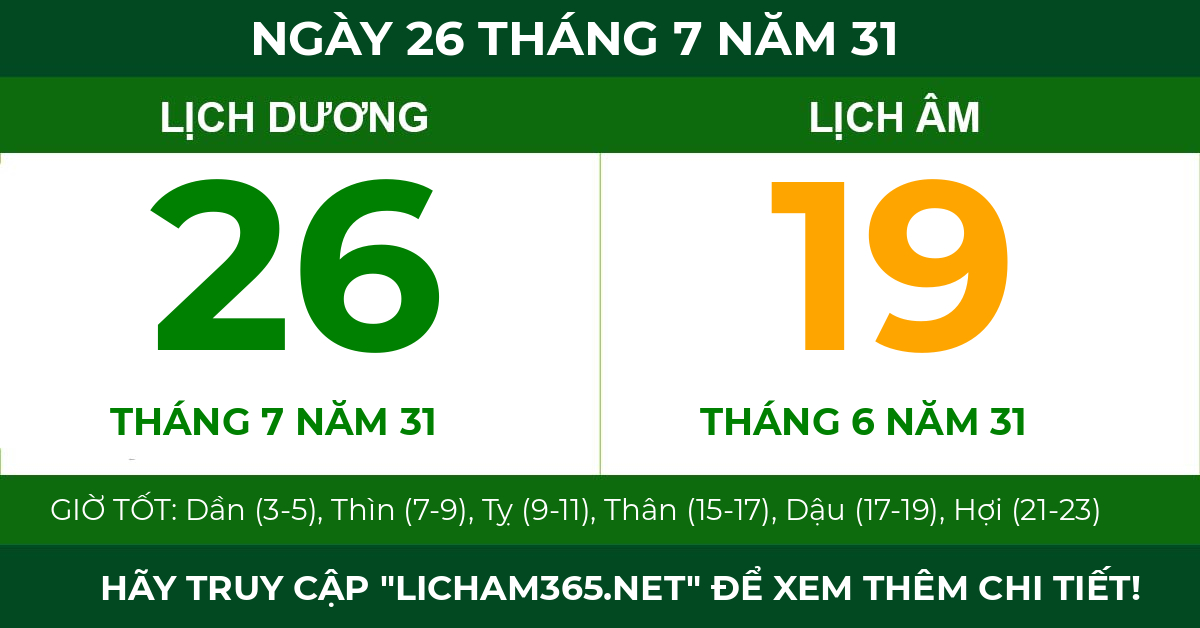 lịch âm ngày 26 tháng 7 năm 31