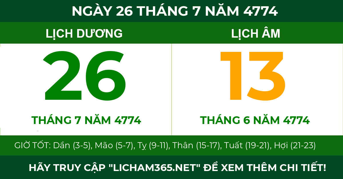 lịch âm ngày 26 tháng 7 năm 4774